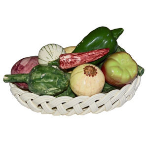 Majolica Large Art Pottery Basket Weave Centerpiece with Vegetables